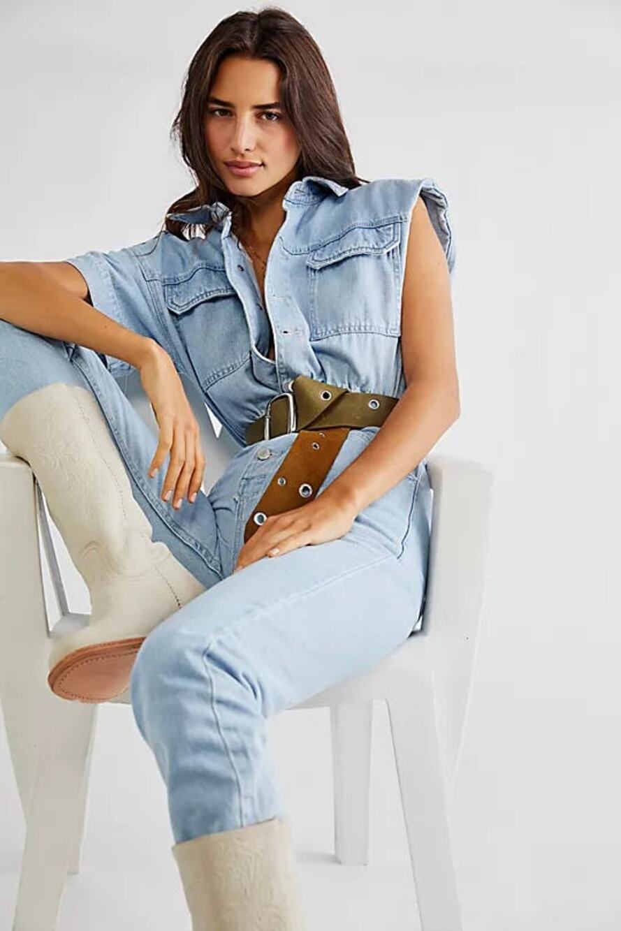 Free People We The Free Marci Coverall Clear Skies Cotton Denim Button Jumpsuit